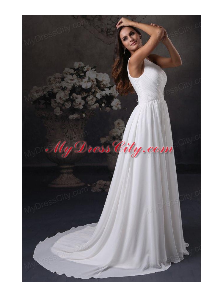 Empire One Shoulder Chiffon Ruching Side Zipper Wedding Dress with Court Train