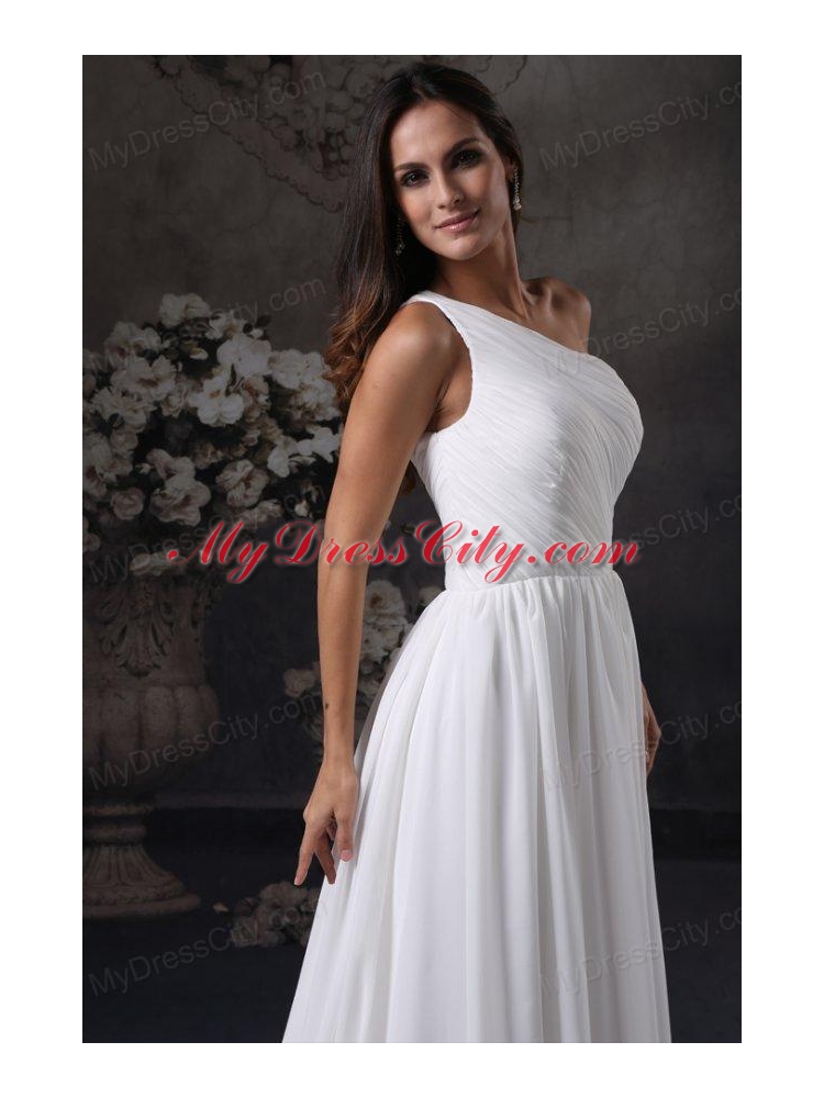 Empire One Shoulder Chiffon Ruching Side Zipper Wedding Dress with Court Train