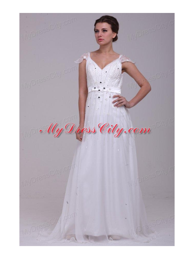 Empire V-Neck Floor-length Zipper Up Wedding Dress with Beading