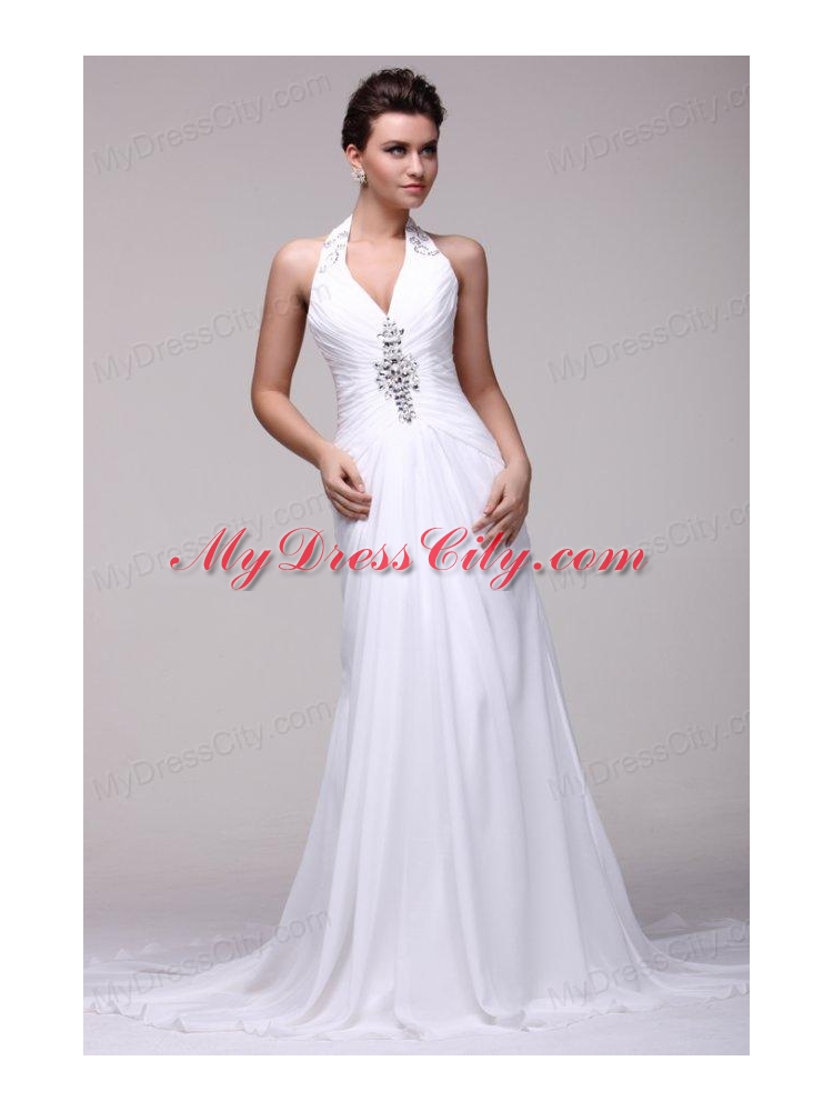 Halter Top Neck A-line Beading Taffeta Court Train Wedding Dress