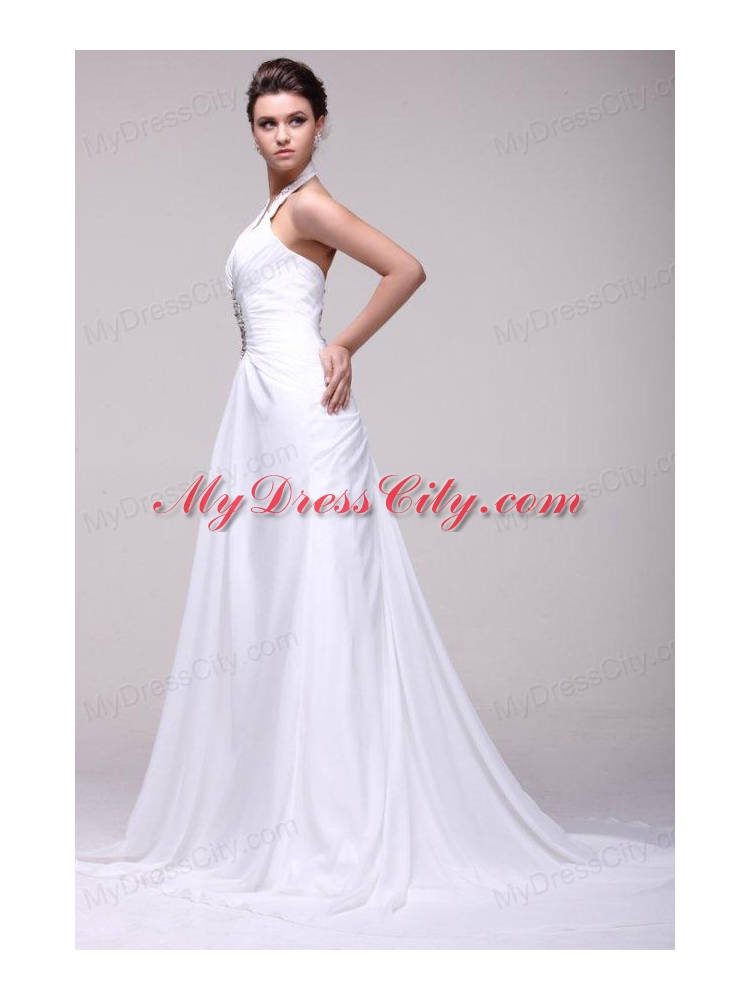 Halter Top Neck A-line Beading Taffeta Court Train Wedding Dress