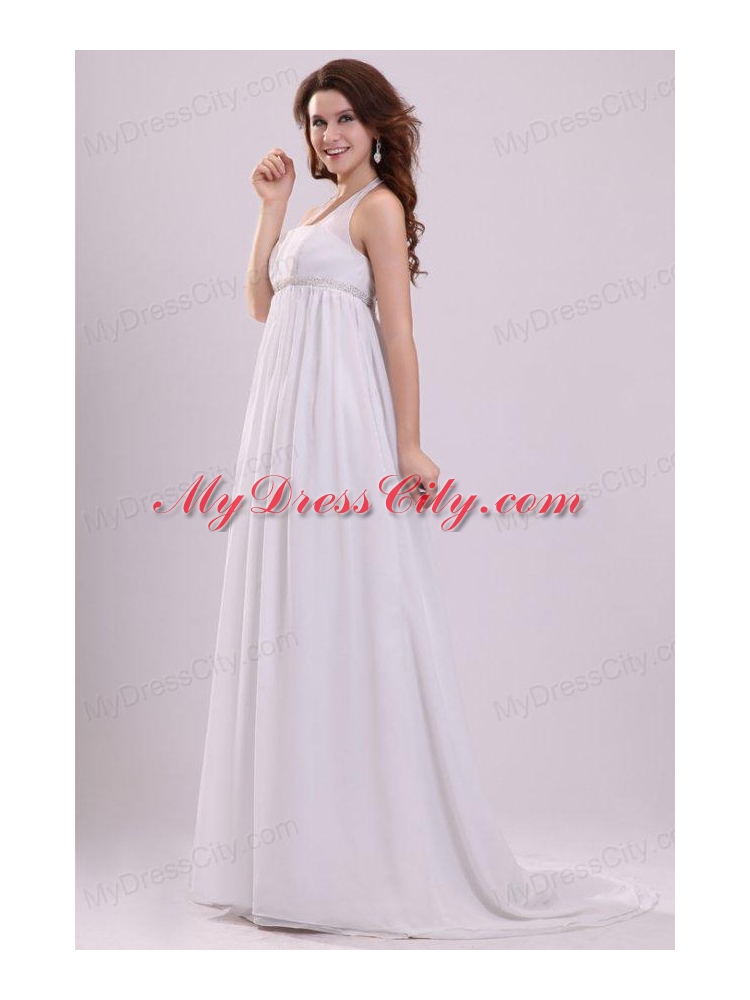 Halter Top Neck Chiffon Empire Beading Wedding Dress with Sweep Train