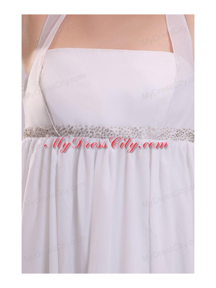 Halter Top Neck Chiffon Empire Beading Wedding Dress with Sweep Train