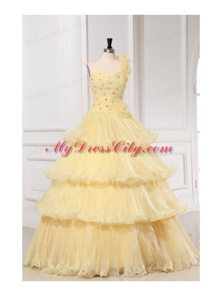 Light Yellow One Shoulder A-line Quinceanera Dress with Beading and Pleats