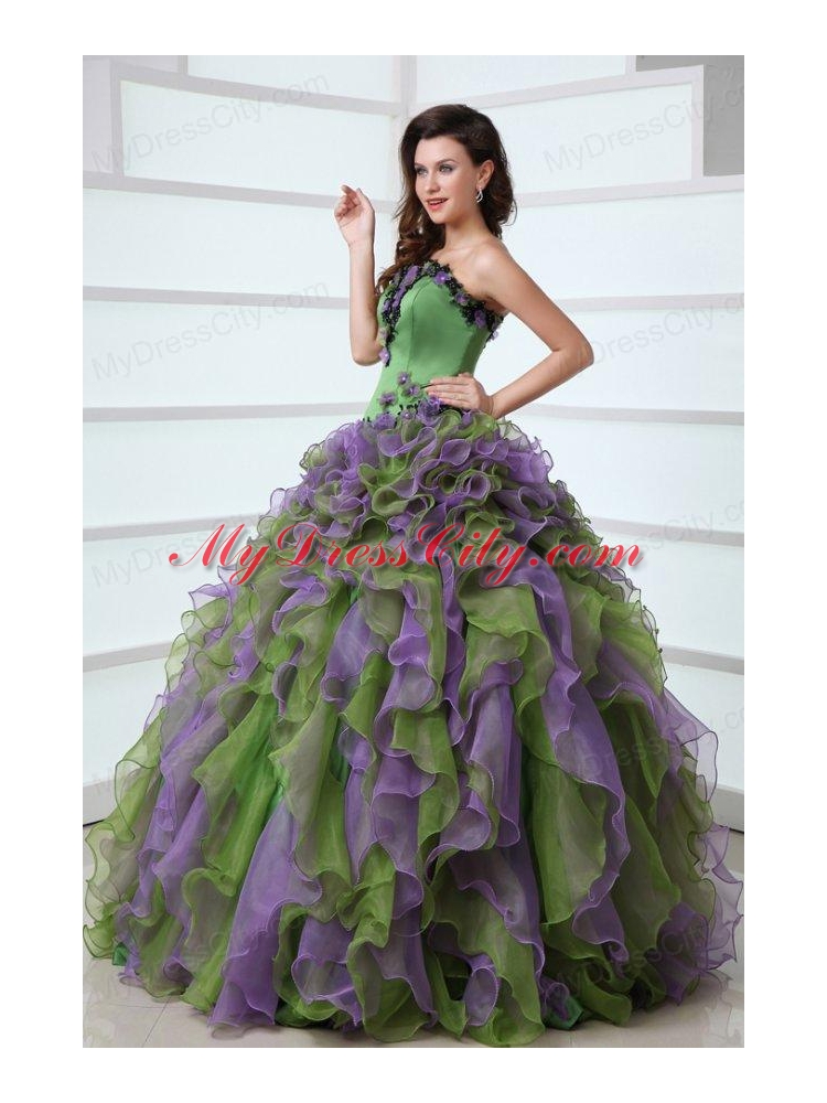 Multi-color Strapless Appliques and Ruffles Quinceanera Dress with Organza