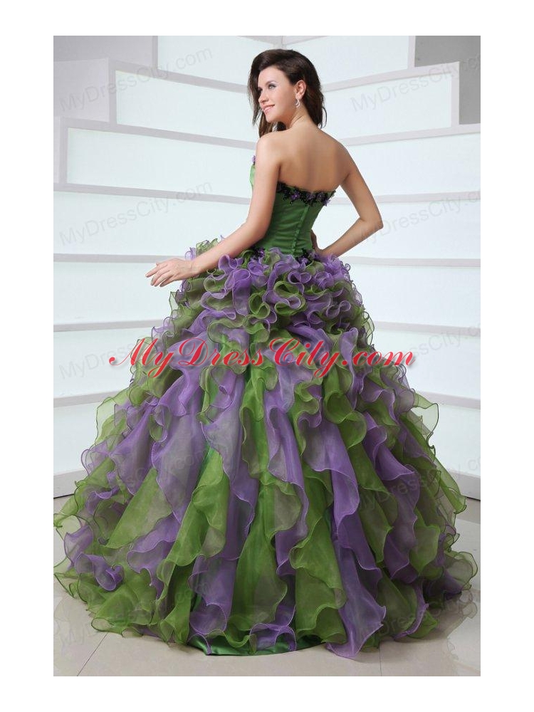 Multi-color Strapless Appliques and Ruffles Quinceanera Dress with Organza