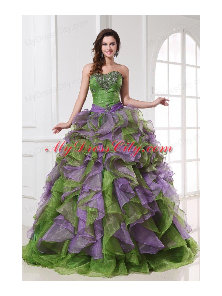 Organza Sweetheart Beading and Ruffles Quinceanera Dress in Multi-color