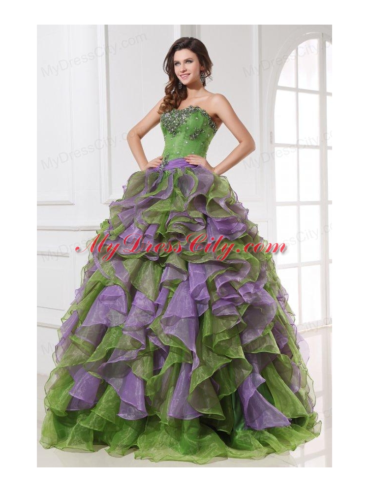 Organza Sweetheart Beading and Ruffles Quinceanera Dress in Multi-color