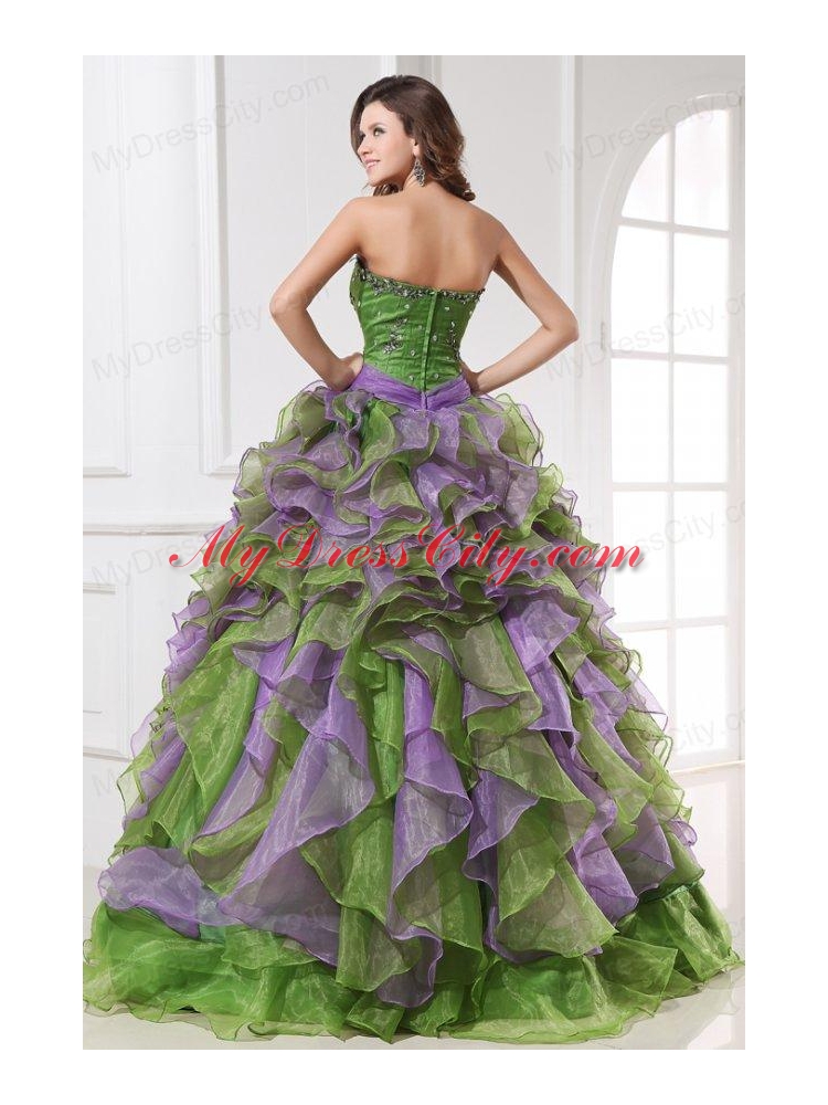 Organza Sweetheart Beading and Ruffles Quinceanera Dress in Multi-color