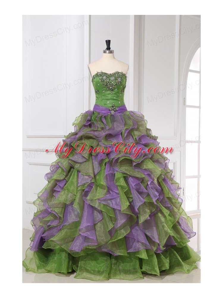 Organza Sweetheart Beading and Ruffles Quinceanera Dress in Multi-color