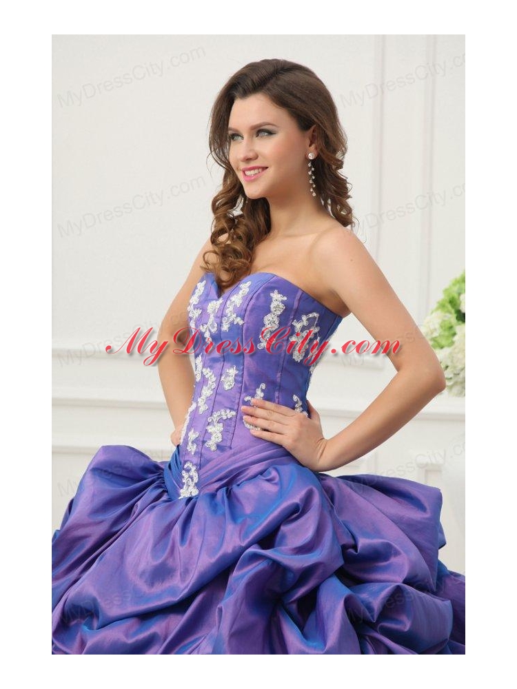 Purple Sweetheart Appliques and Pick-ups Taffeta Quinceanera Dress