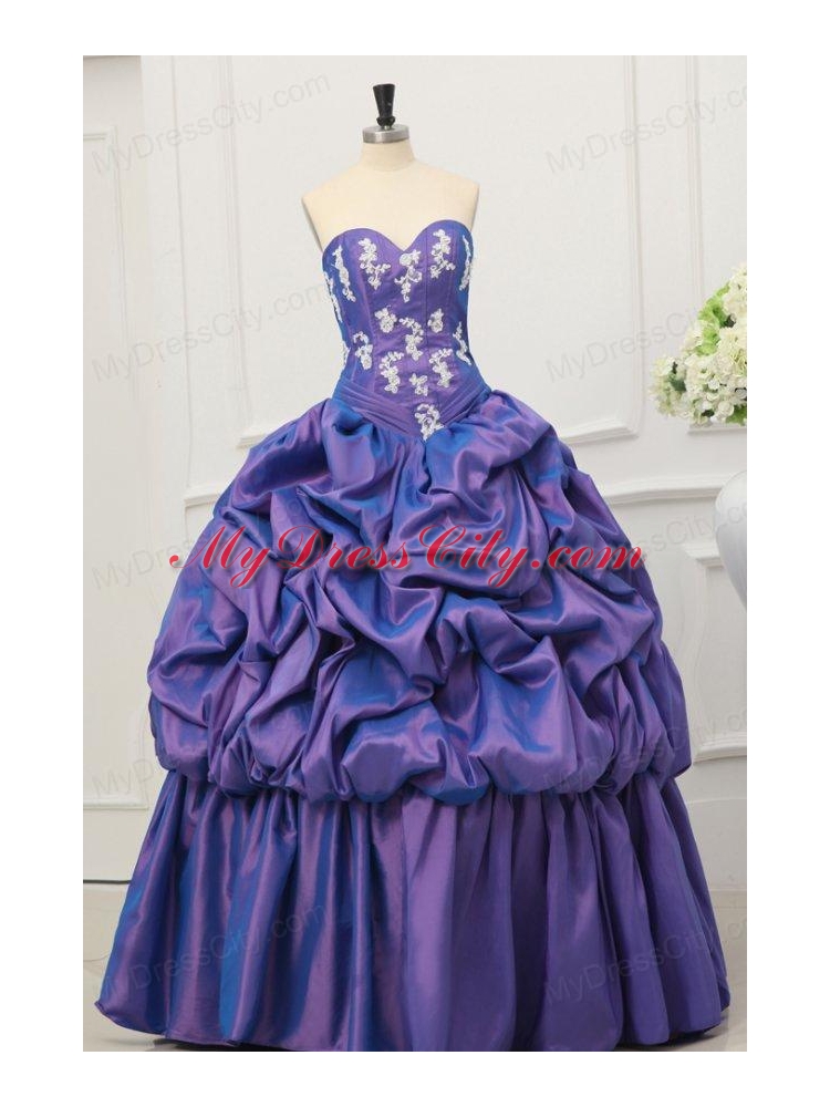 Purple Sweetheart Appliques and Pick-ups Taffeta Quinceanera Dress