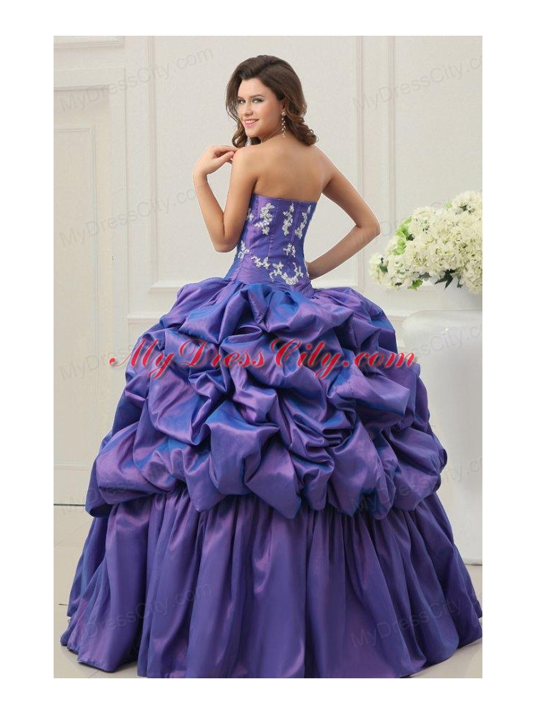 Purple Sweetheart Appliques and Pick-ups Taffeta Quinceanera Dress