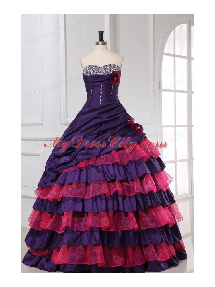 Red and Purple Sweetheart Beading and Ruffles Layered Quinceanera Dress