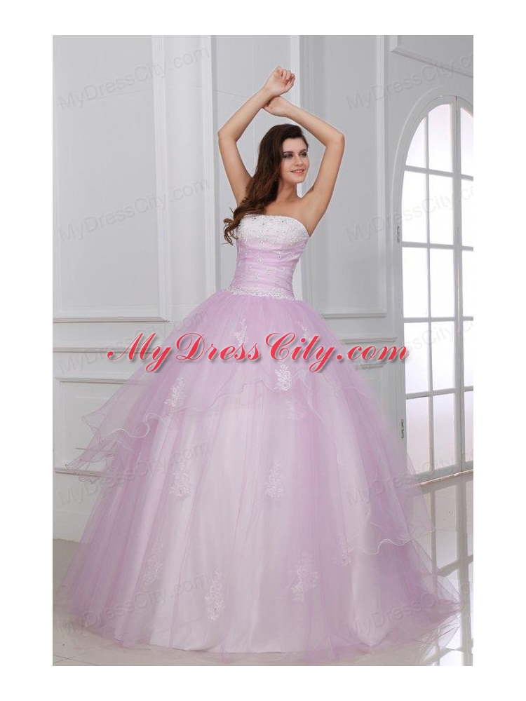 Strapless White and Baby Pink Quinceanera Dress with Appliques