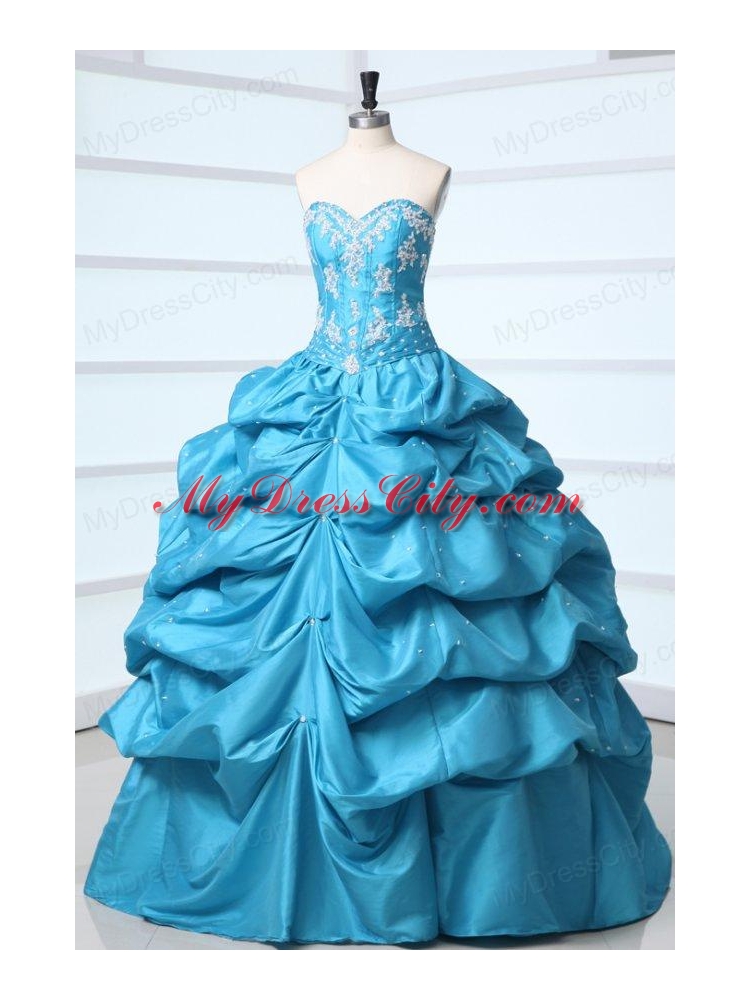 Teal Sweetheart Taffeta Quinceanera Dress with Appliques and Pick-ups