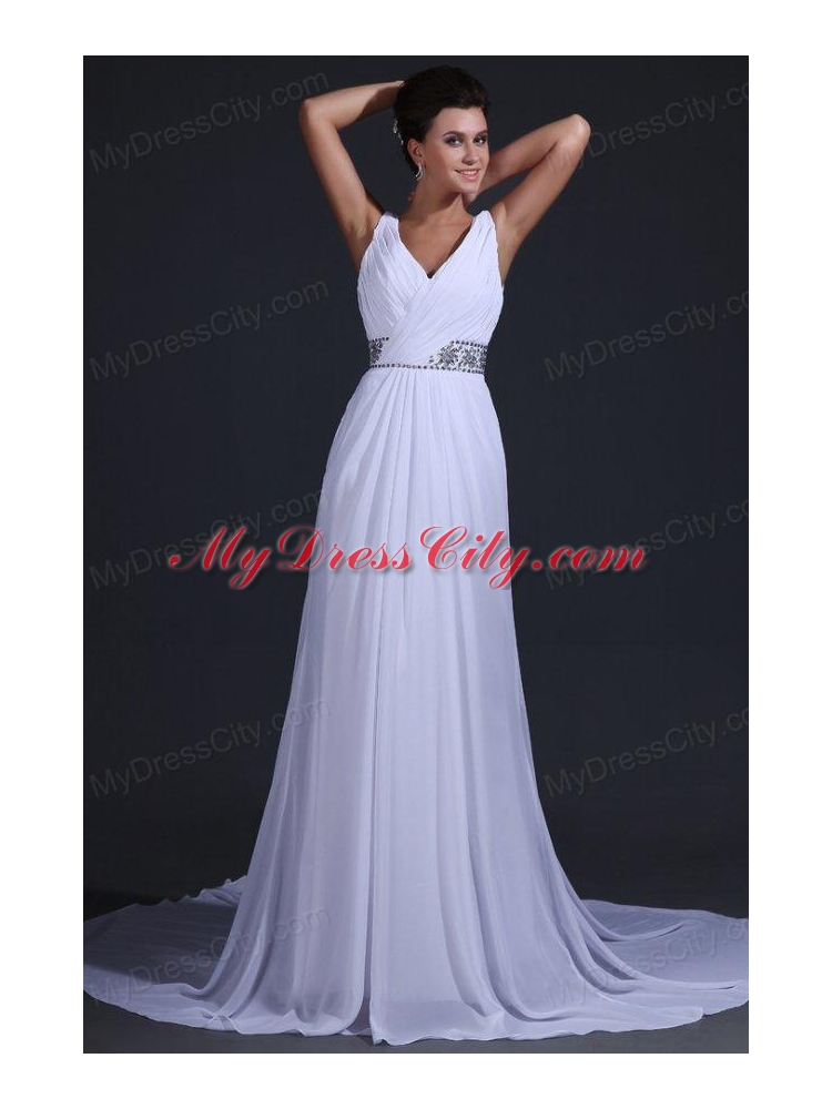 V-neck Chiffon Empire Court Train Wedding Dress with Beading