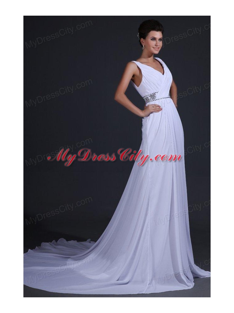 V-neck Chiffon Empire Court Train Wedding Dress with Beading