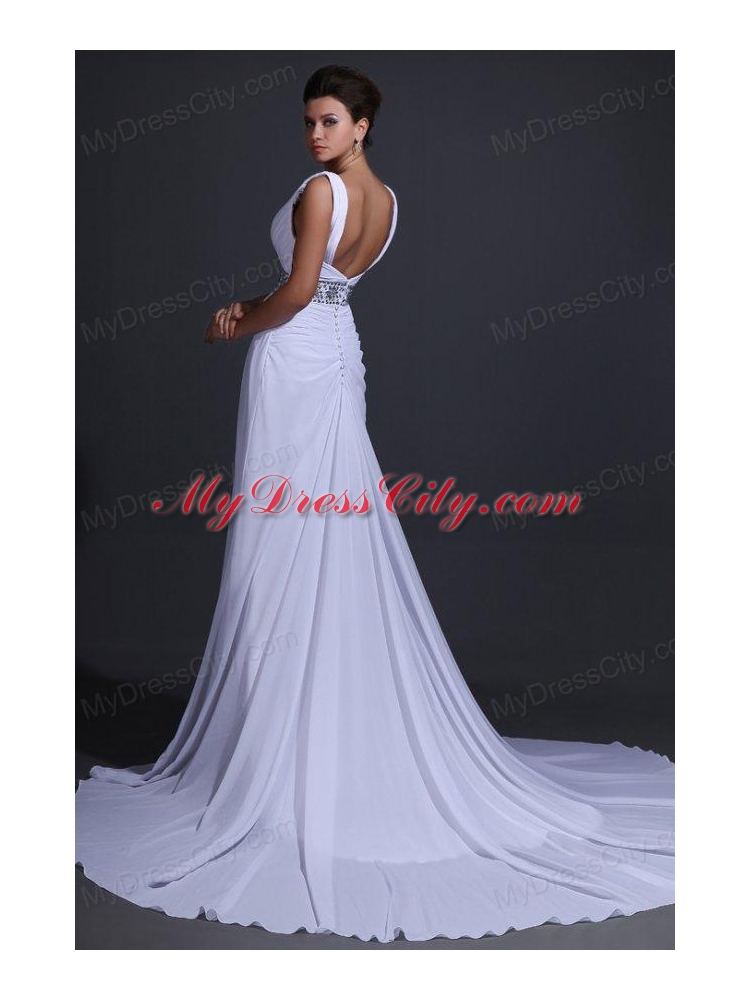 V-neck Chiffon Empire Court Train Wedding Dress with Beading