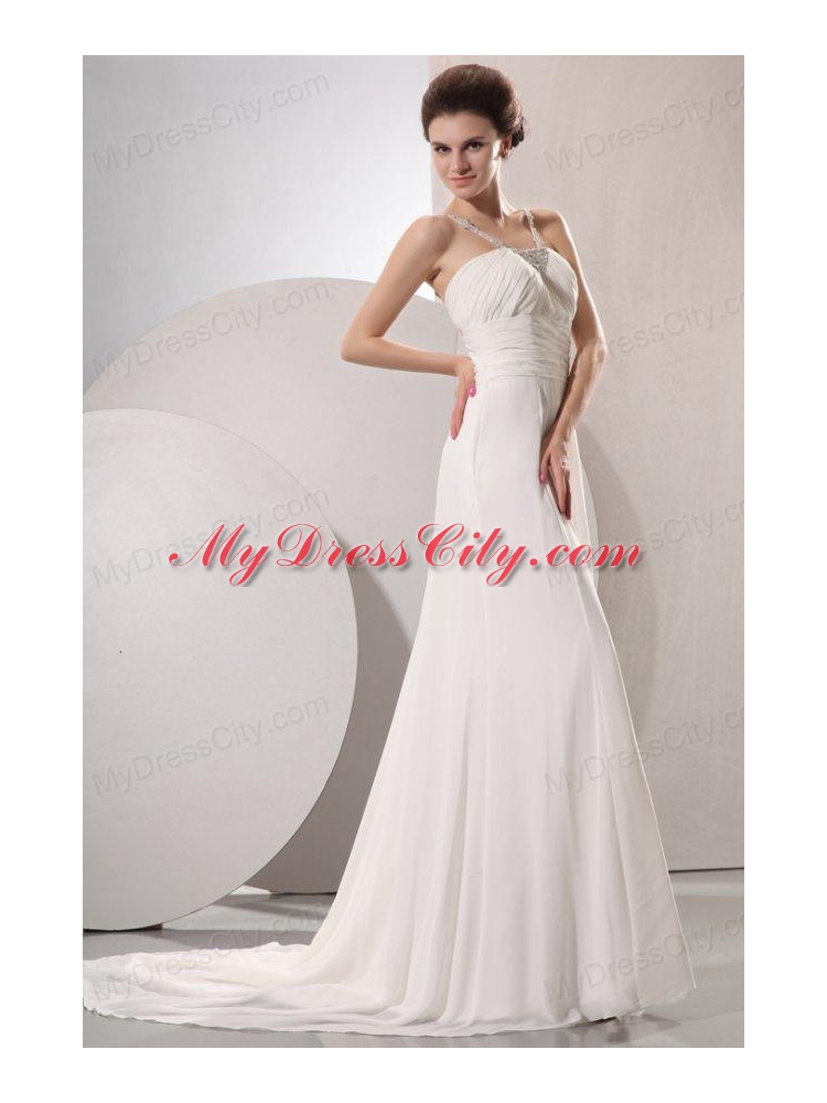 V-neck Empire Chiffon Beaded Decorate Court Train Wedding Dress