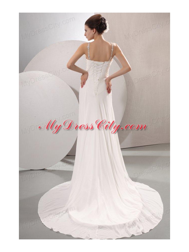 V-neck Empire Chiffon Beaded Decorate Court Train Wedding Dress