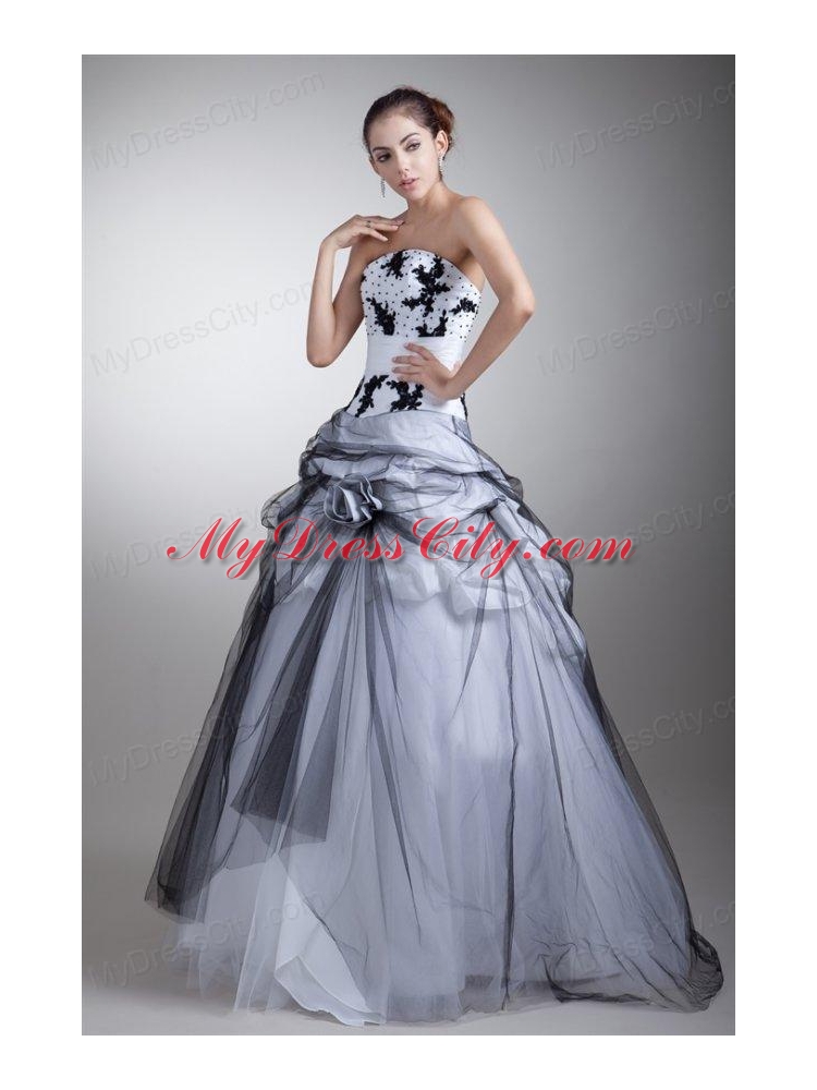 White and Black Strapless Appliques and Flowers Quinceanera Dress