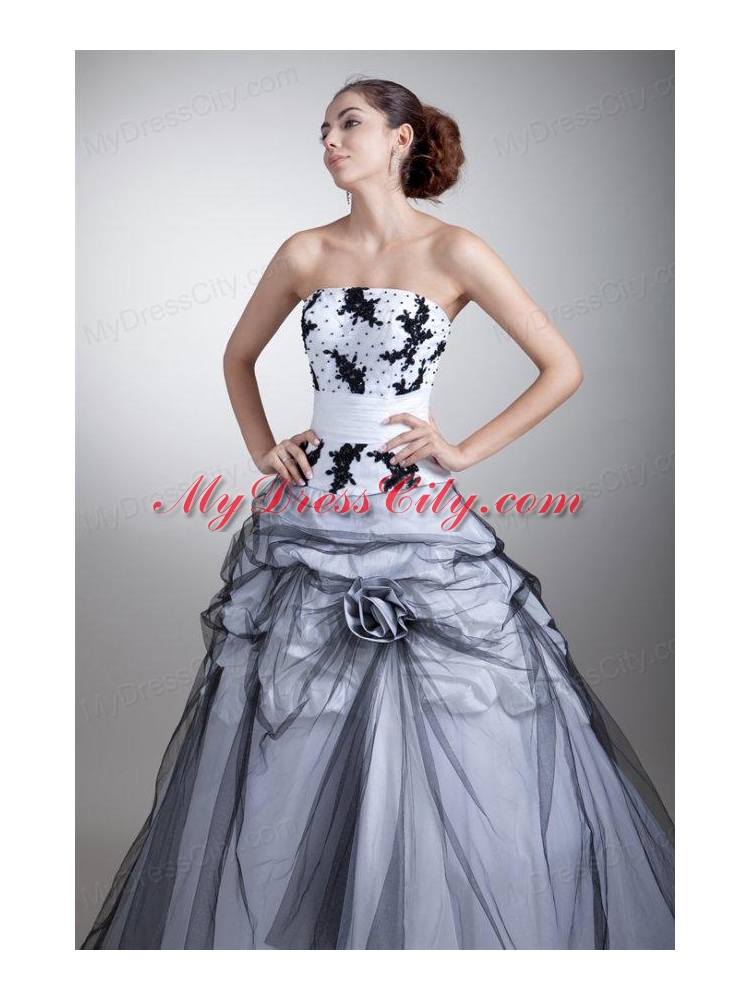 White and Black Strapless Appliques and Flowers Quinceanera Dress