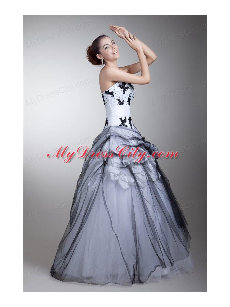 White and Black Strapless Appliques and Flowers Quinceanera Dress