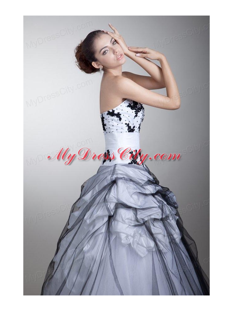 White and Black Strapless Appliques and Flowers Quinceanera Dress