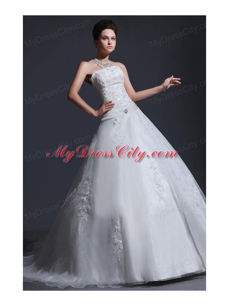 2014 Appliques Ball Gown Court Train Wedding Dress with Strapless