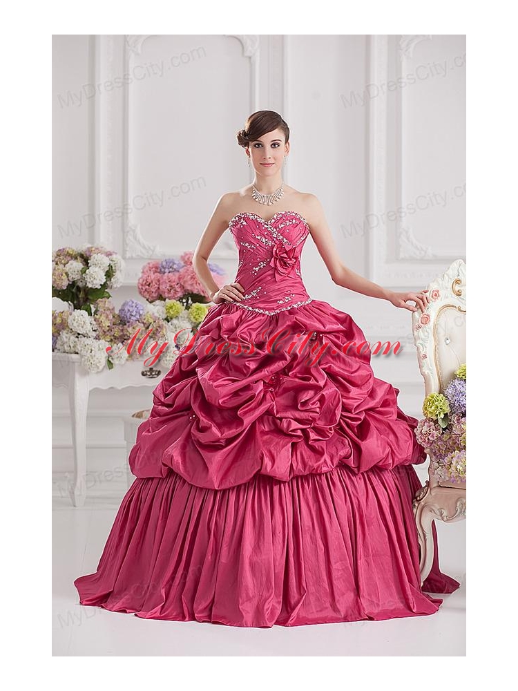 2014 Spring Ball Gown Sweetheart Hand Made Flowers Beading Pick-ups Quinceanera Dress in Red