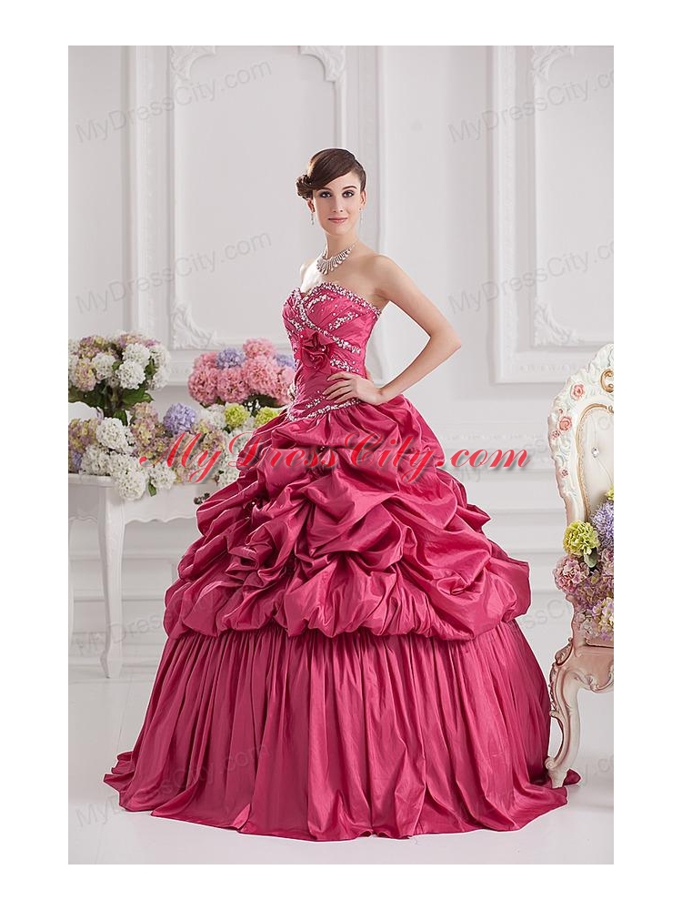 2014 Spring Ball Gown Sweetheart Hand Made Flowers Beading Pick-ups Quinceanera Dress in Red