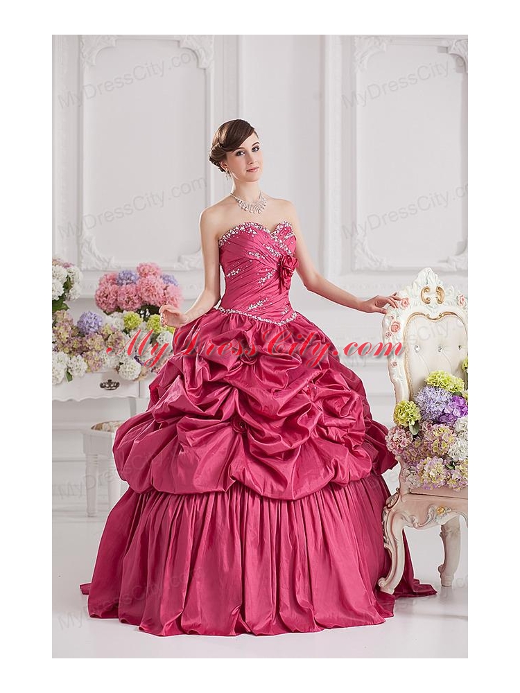 2014 Spring Ball Gown Sweetheart Hand Made Flowers Beading Pick-ups Quinceanera Dress in Red