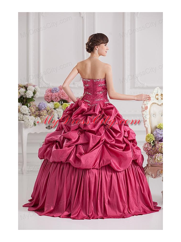 2014 Spring Ball Gown Sweetheart Hand Made Flowers Beading Pick-ups Quinceanera Dress in Red