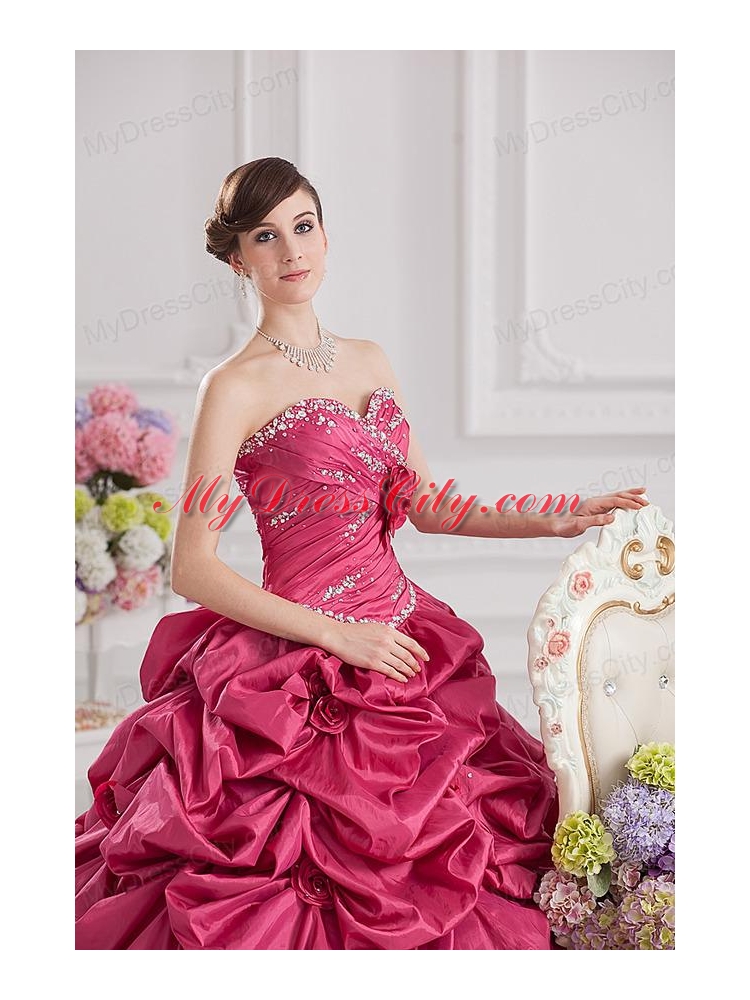 2014 Spring Ball Gown Sweetheart Hand Made Flowers Beading Pick-ups Quinceanera Dress in Red