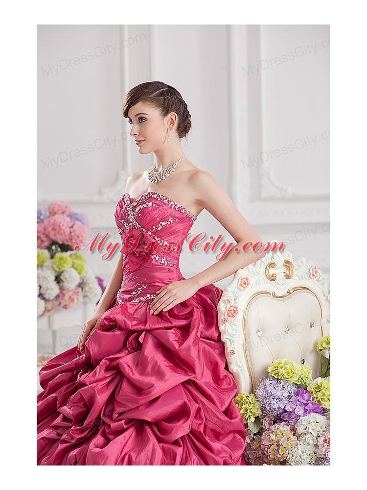 2014 Spring Ball Gown Sweetheart Hand Made Flowers Beading Pick-ups Quinceanera Dress in Red