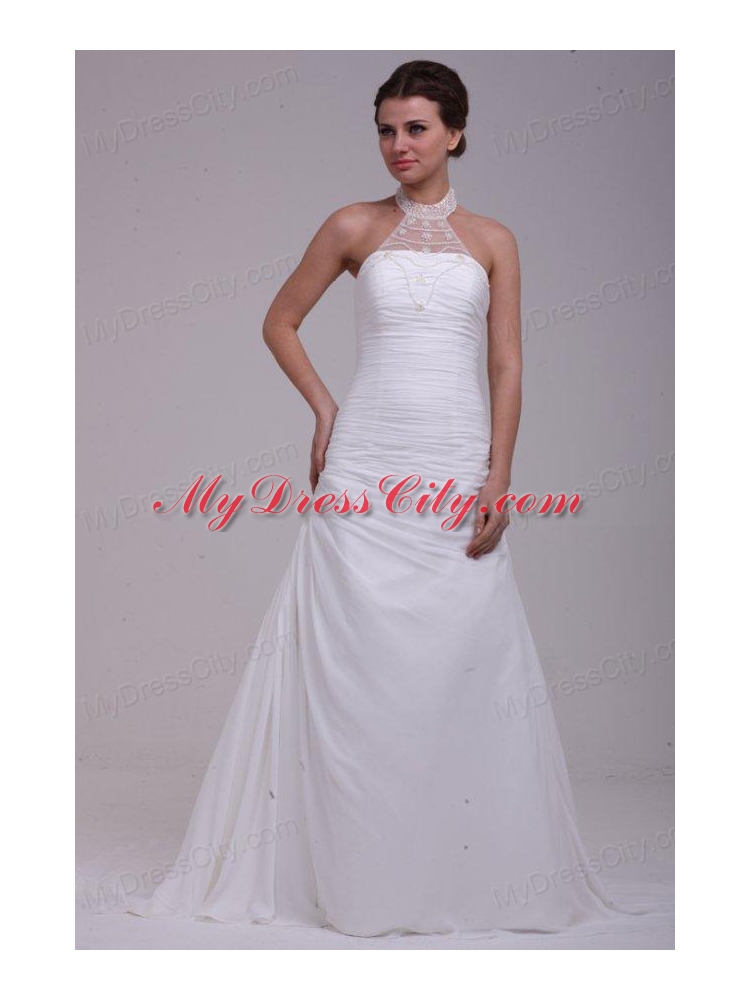 A-Line Halter Ruching and Appliques Chiffon Wedding Dress