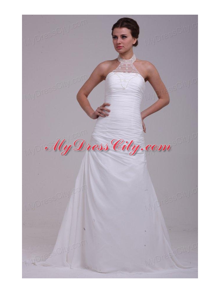 A-Line Halter Ruching and Appliques Chiffon Wedding Dress