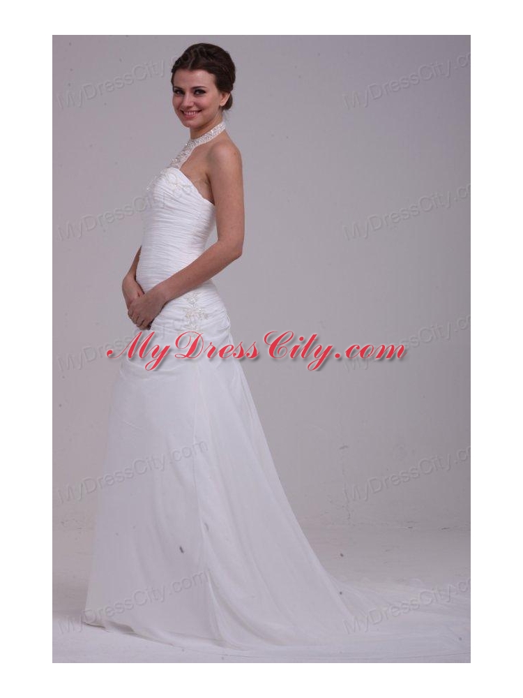 A-Line Halter Ruching and Appliques Chiffon Wedding Dress