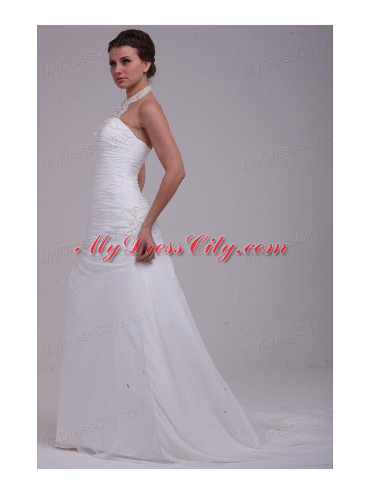 A-Line Halter Ruching and Appliques Chiffon Wedding Dress