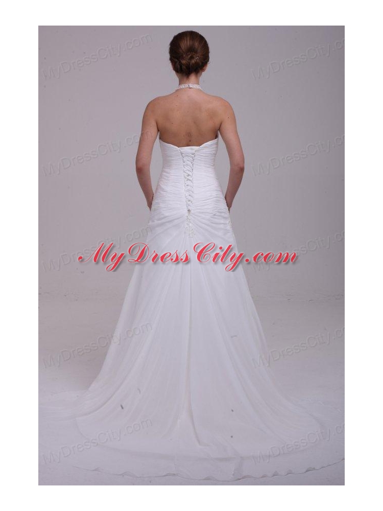 A-Line Halter Ruching and Appliques Chiffon Wedding Dress