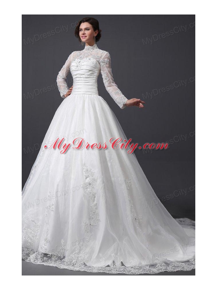 A-Line High Neck Organza Wedding Dress with Chapel Train with Appliques