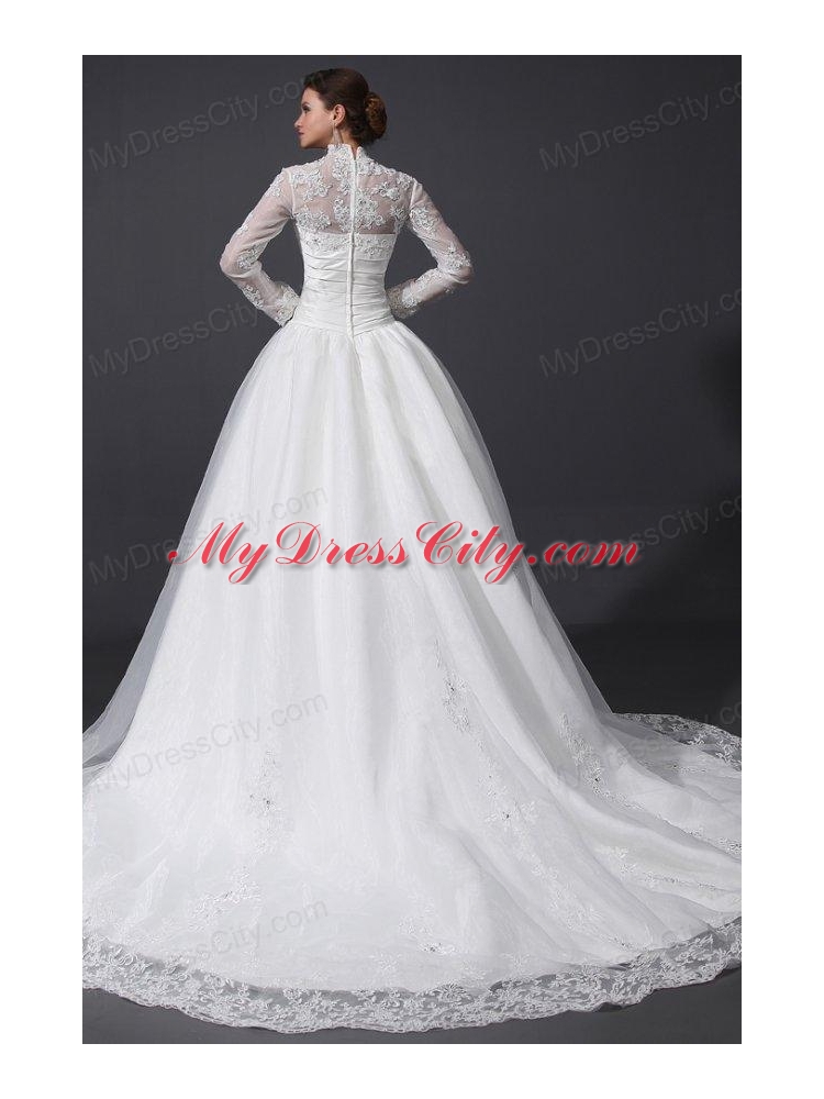 A-Line High Neck Organza Wedding Dress with Chapel Train with Appliques