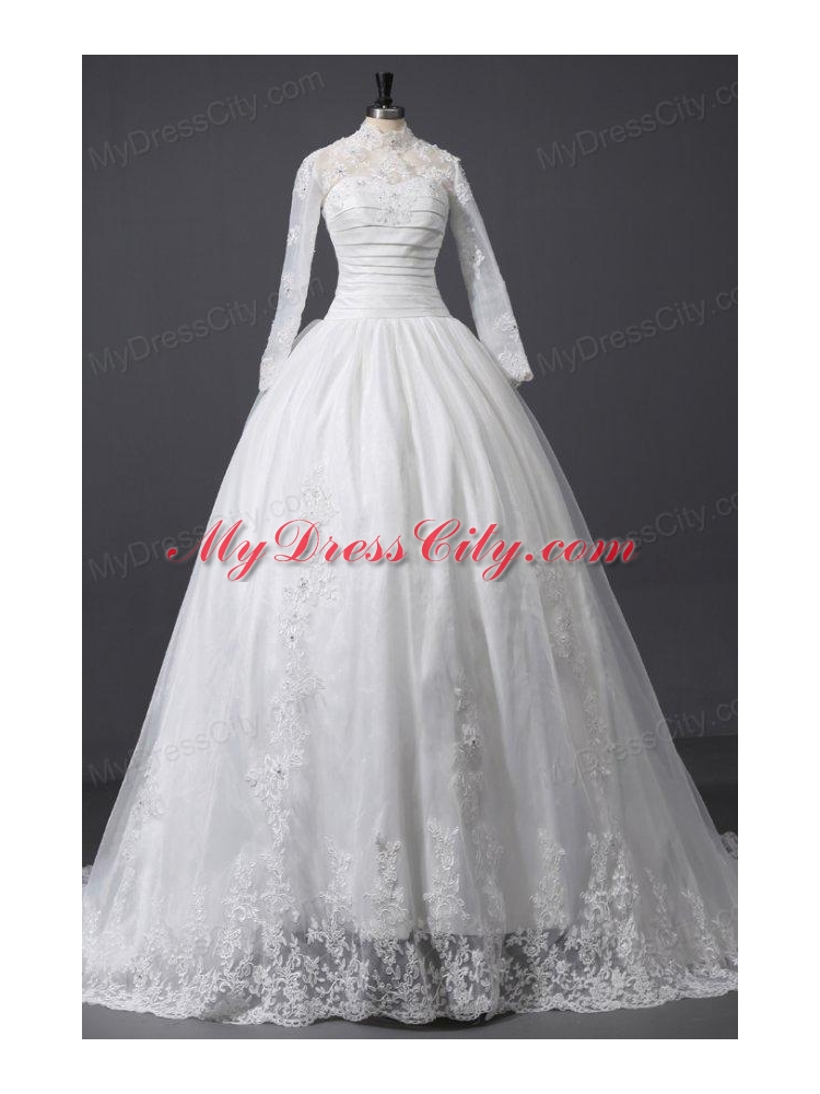 A-Line High Neck Organza Wedding Dress with Chapel Train with Appliques