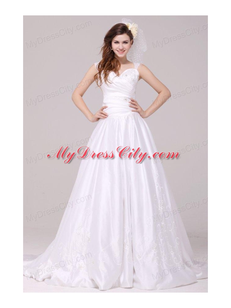 A-Line Straps Embroidery Taffeta Wedding Dress with Brush Train