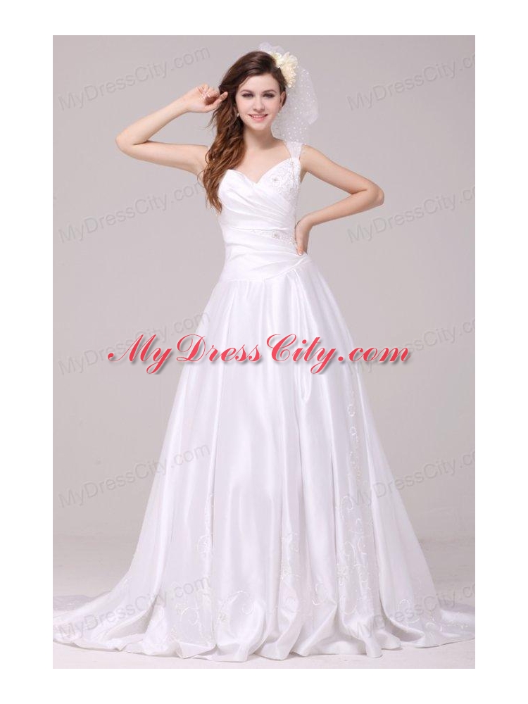 A-Line Straps Embroidery Taffeta Wedding Dress with Brush Train