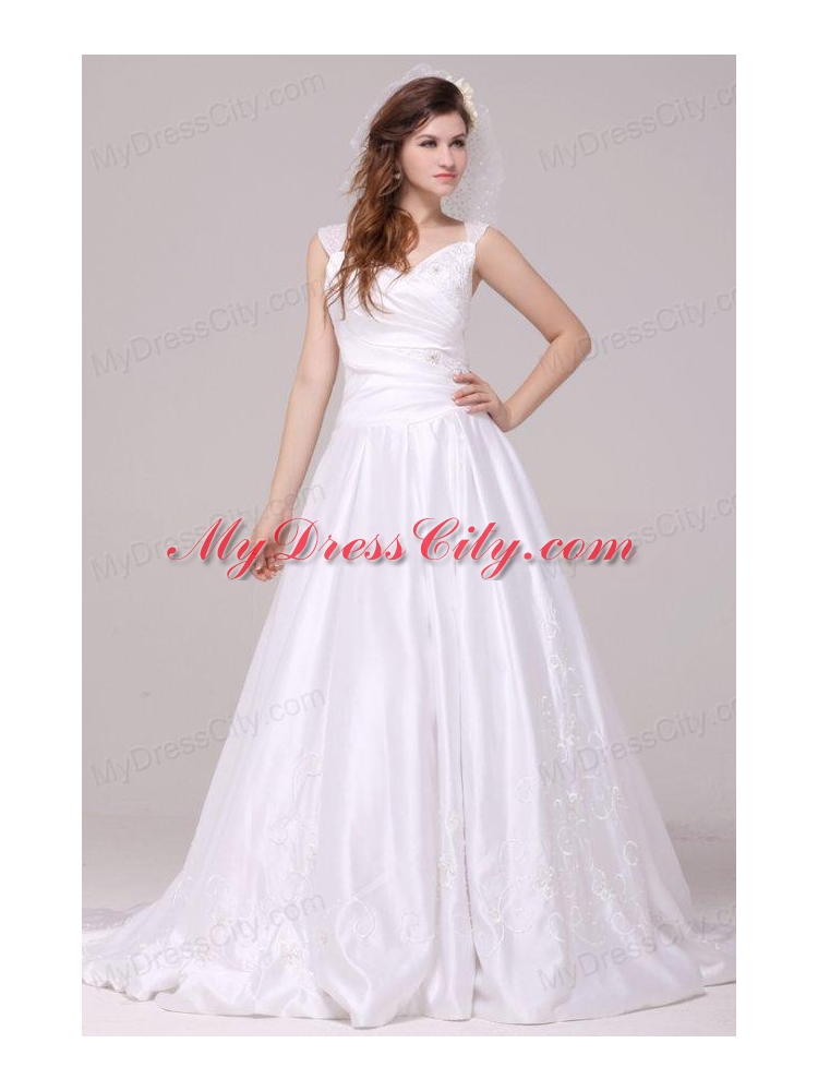 A-Line Straps Embroidery Taffeta Wedding Dress with Brush Train