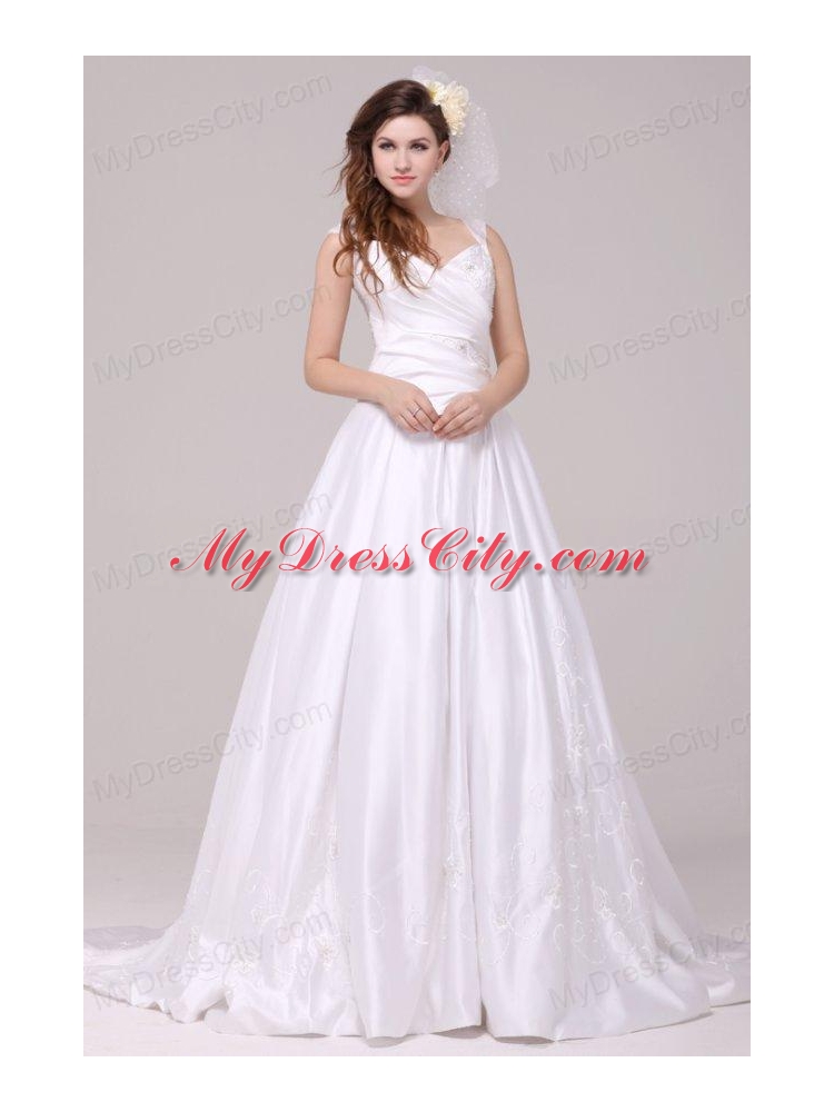 A-Line Straps Embroidery Taffeta Wedding Dress with Brush Train