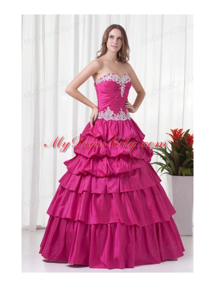 A-line Sweetheart Hot Pink Taffeta Appliques Long Quinceanera Dress