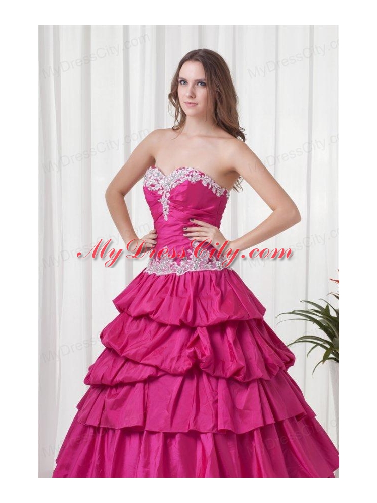 A-line Sweetheart Hot Pink Taffeta Appliques Long Quinceanera Dress